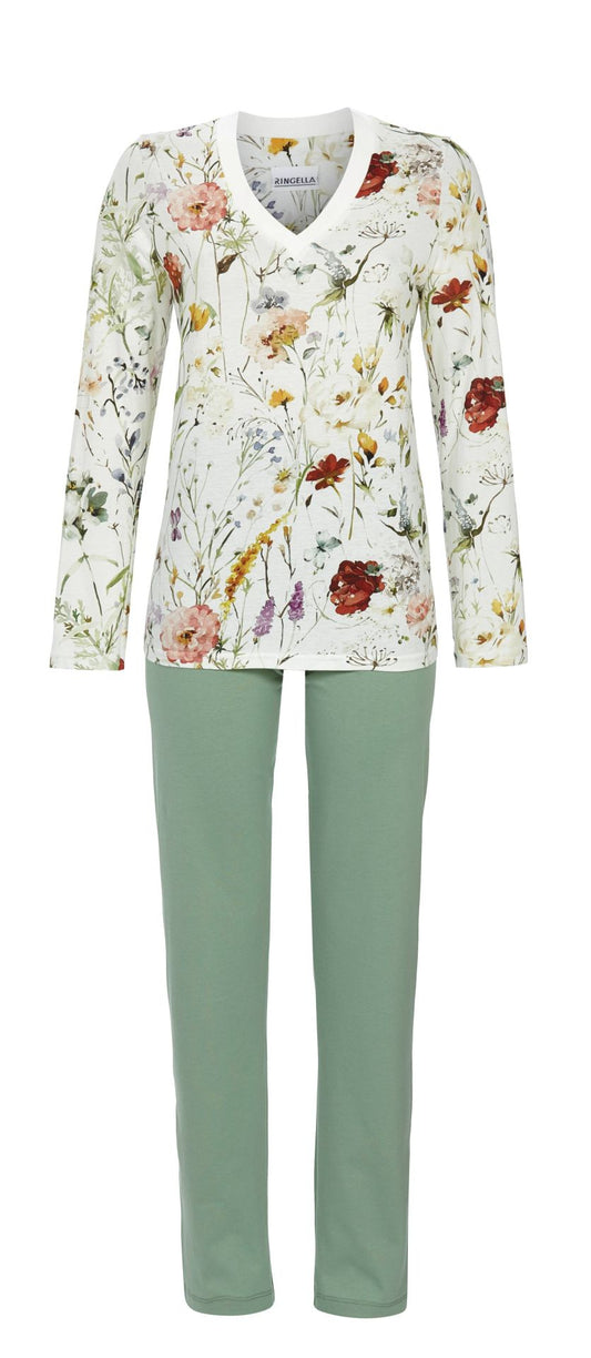 Ringella 5511217 Pyjama mit Blumendessin und V-Ausschnitt